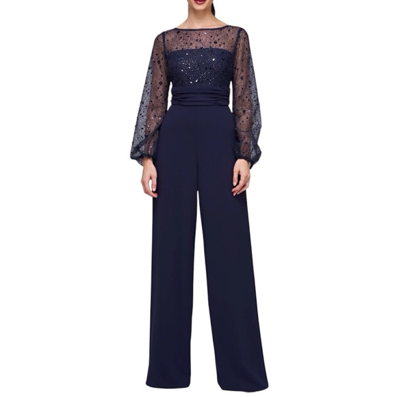 JS Collections Raelynn Embellished Blue Long Sleeve Wide Leg Jumpsuit Size 10 - Picture 1 of 9